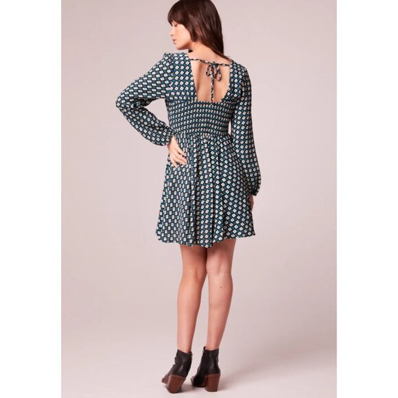 Band of the Free NWT Genevieve Teal Diamond Long Sleeve Mini Dress Sz XS Blue - Picture 2 of 13